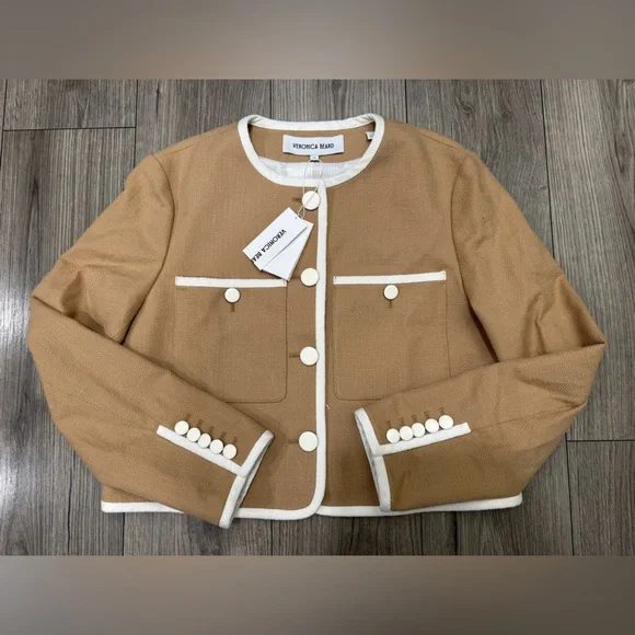 Veronica Beard Beale Contrast Detail Cotton Blend Tweed Jacket in Khaki Size 14 - Picture 5 of 14